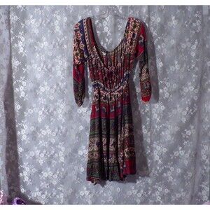 Vintage 90s Boho Mini Dress Size Large 1990s Elephant Peacock Hippie Eclectic